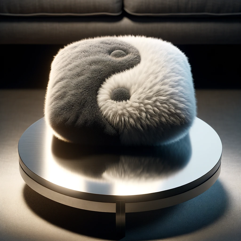 Aquí están las imágenes que ilustran la interacción de texturas contrastantes, que representan un cojín de felpa sobre una elegante mesa de centro de metal. Esta representación visual enfatiza el equilibrio entre superficies blandas y duras, incorporando el concepto de Yin y Yang en las texturas.