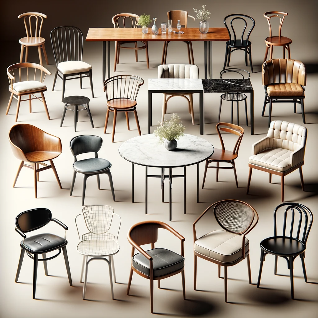 a selection of dining chairs with different styles and materials. Each chair is showcased in a way that highlights how it complements different types of tables, demonstrating the versatility and creativity in furniture pairing.