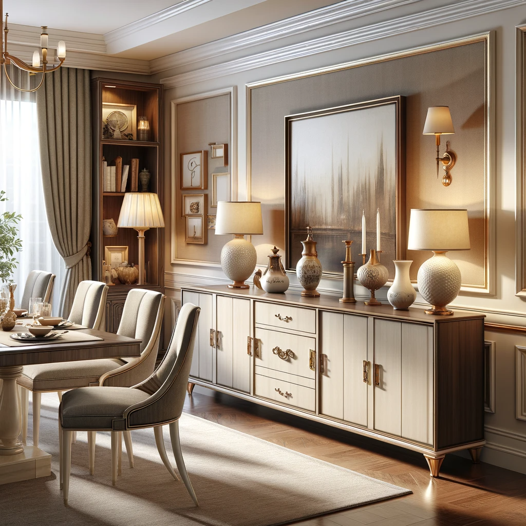 an elegant dining room, showcasing a well-styled sideboard and side tables. These elements accentuate both the functionality and aesthetics they add to the space.