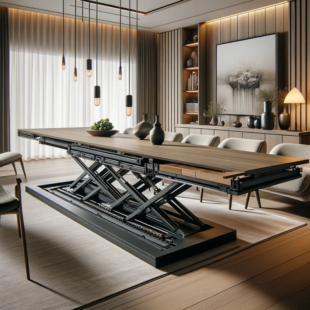 A photo of a multifunctional piece, an extendable dining table, styled elegantly in a modern living space.