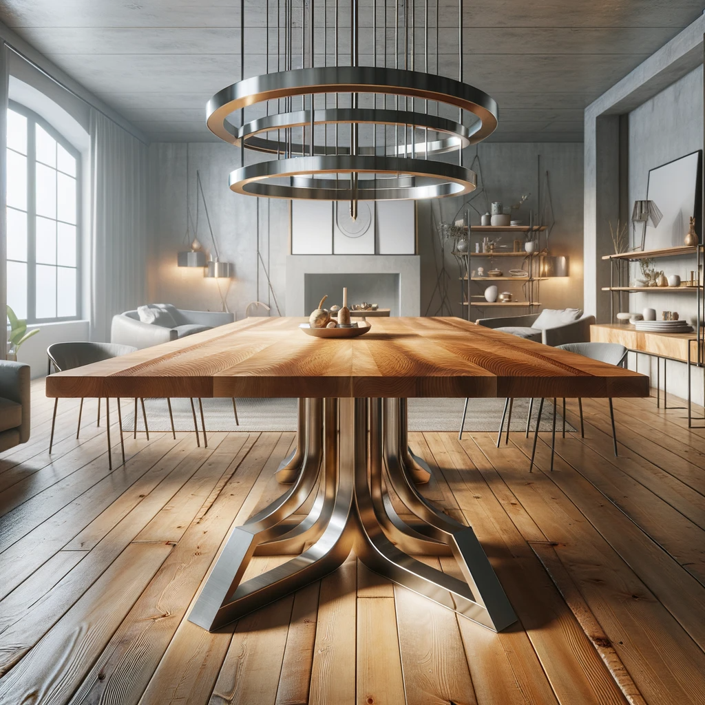 An image illustrating the fusion of wood and metal in a dining table design, highlighting the balance between warmth and modernity.