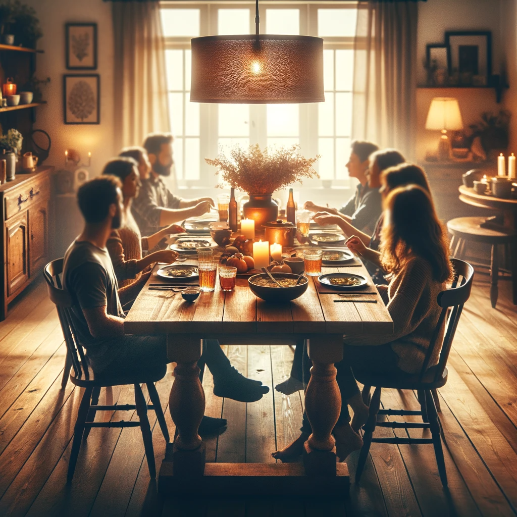 Una escena de comedor con una mesa de madera rodeada de familiares o amigos disfrutando de una comida, creando un ambiente cálido y acogedor.