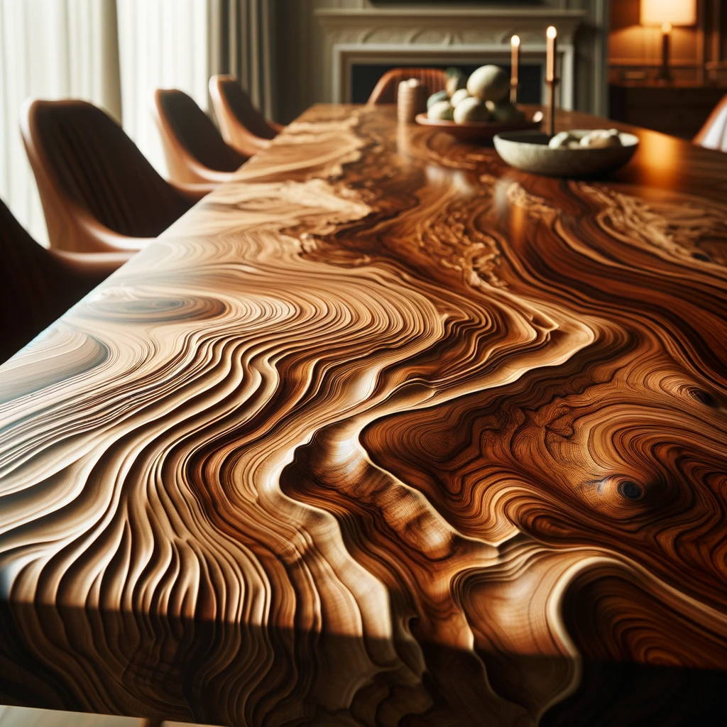 Close-up of intricate wood grain patterns on a polished wooden dining table, highlighting the natural beauty of wood.