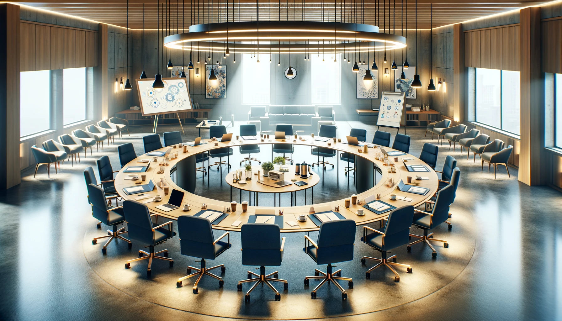 image of an oval table arrangement in a seminar or meeting room, showcasing how it blends hierarchical and collaborative dynamics.