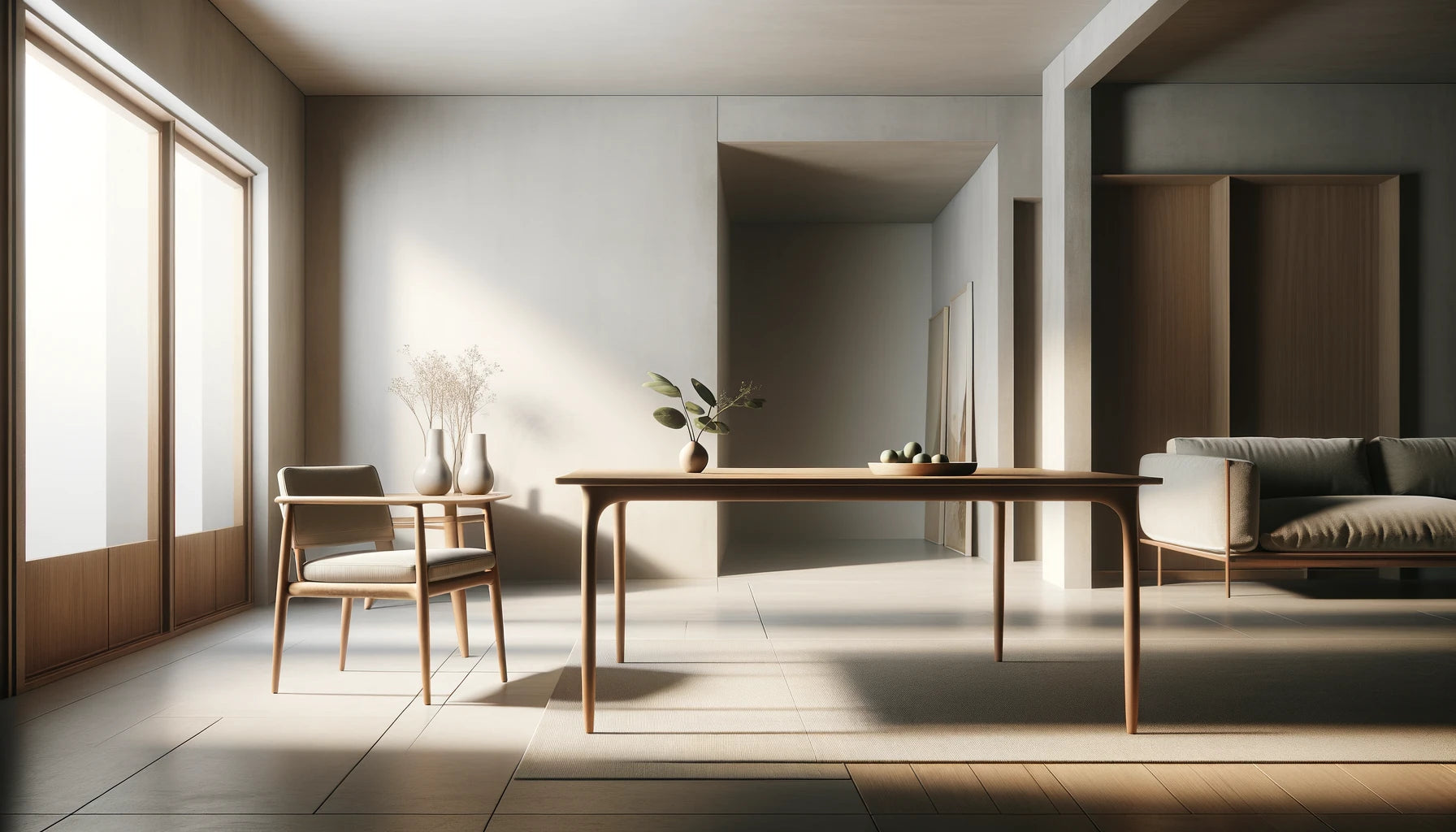 Una escena interior acogedora y bien decorada con una mesa de comedor y una mesa de café, ambas con patas estéticamente agradables que unen la habitación.