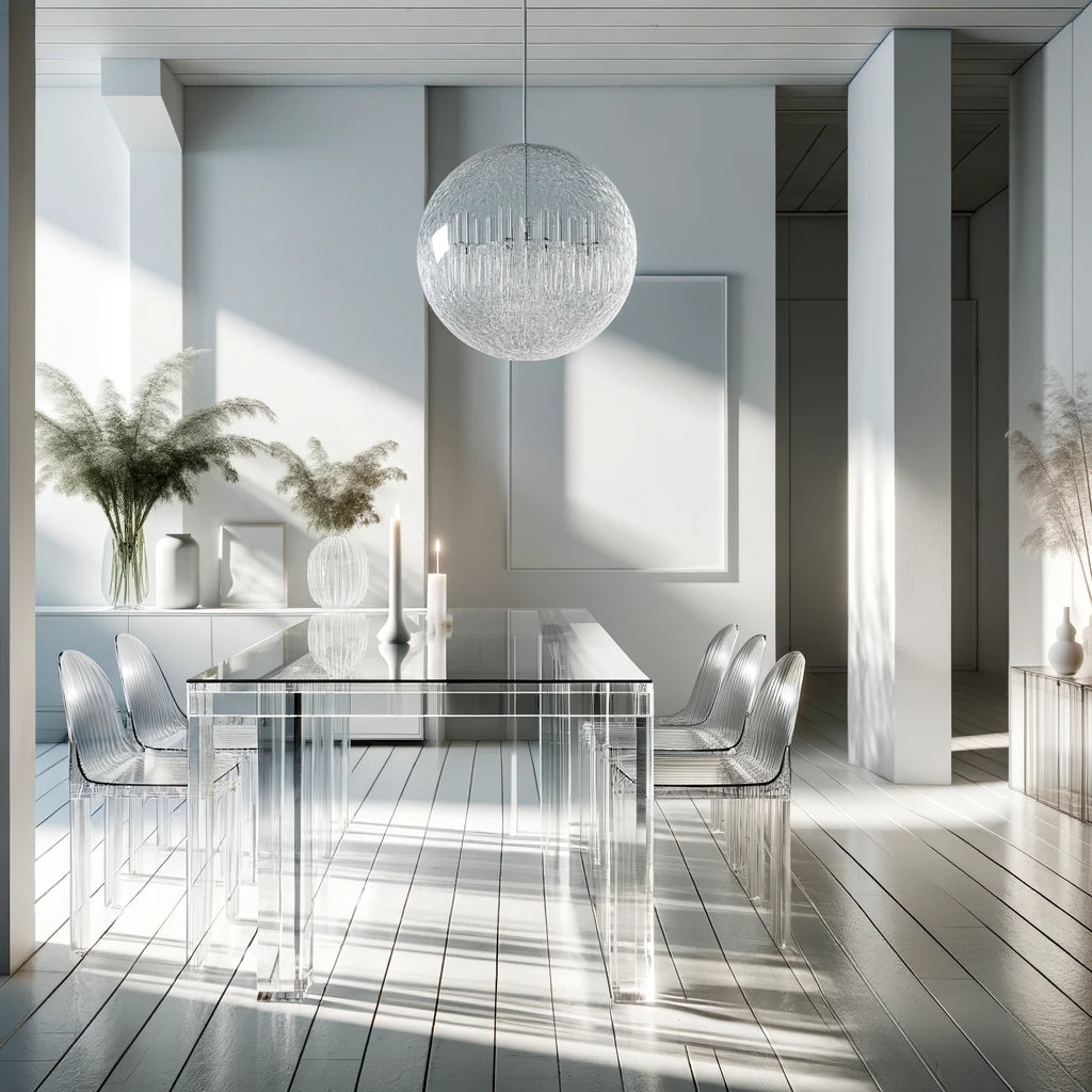 Un espacio moderno y luminoso que presenta una mesa con patas de acrílico transparente, resaltando su transparencia y la forma en que pueden hacer que un espacio se sienta más abierto.