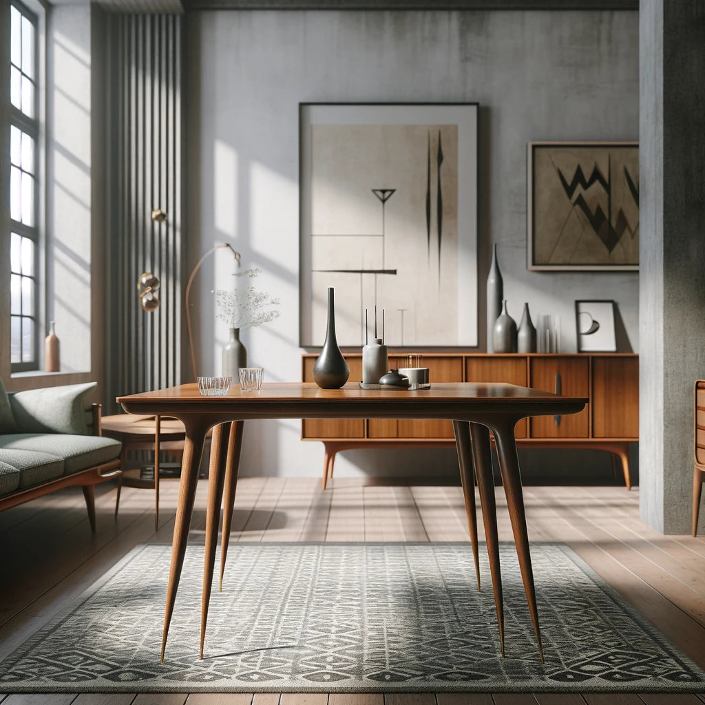 Una habitación de inspiración vintage con una mesa con las icónicas patas cónicas de mediados de siglo, que enfatizan su forma y diseño únicos.