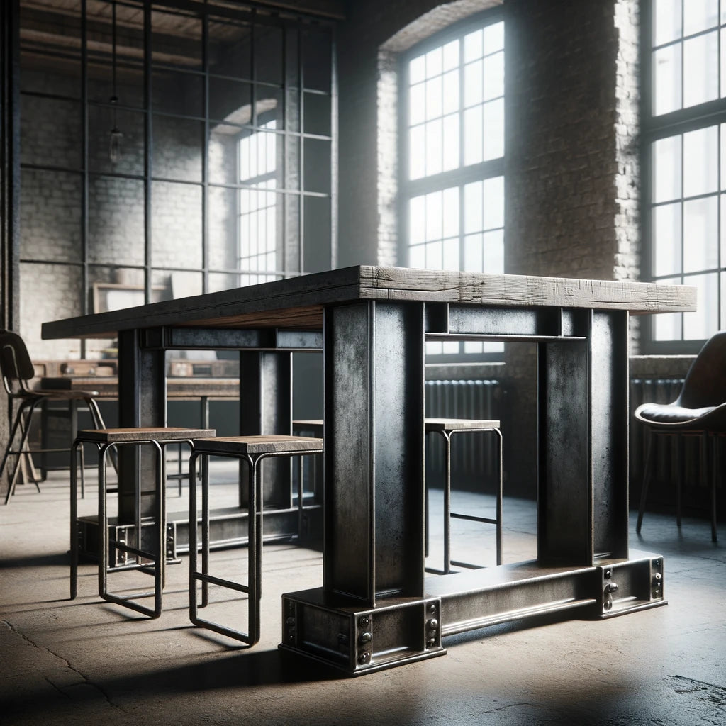 Imagen de una mesa robusta con patas metálicas de estilo industrial, colocada en un ambiente que complementa su estética cruda y urbana.