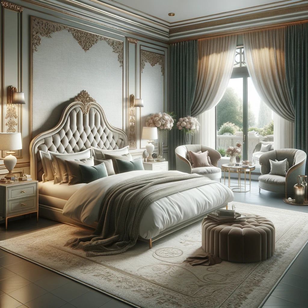 Una escena de dormitorio serena y opulenta centrada en una gran cama con ropa de cama lujosa y una cabecera lujosa, que encarna comodidad y estilo.