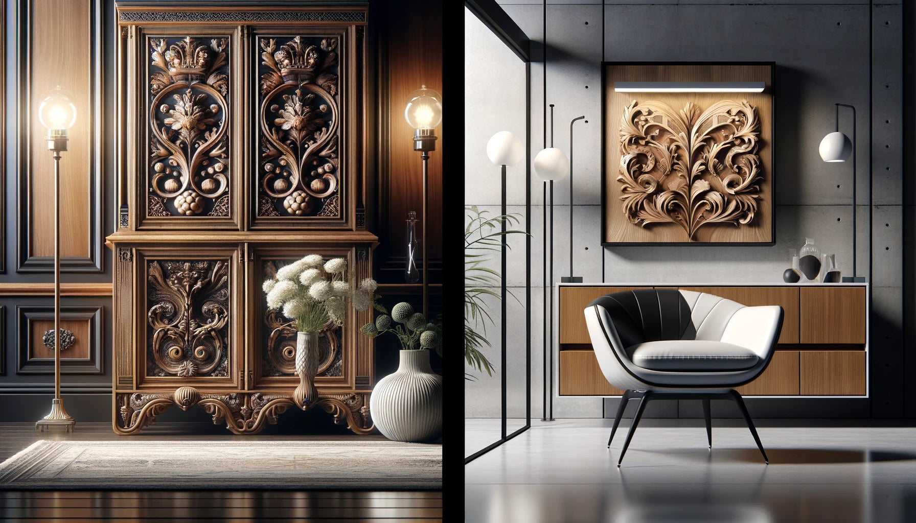 Dos imágenes colocadas una al lado de la otra. Una imagen muestra un mueble clásico atemporal con detalles intrincados y la otra imagen muestra una pieza elegante y moderna con líneas limpias y diseño minimalista.