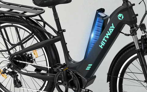 Close-up view of the HITWAY BK16 electric bike's mid-frame, showcasing the sleek black design with illuminated blue battery level indicator and the HITWAY logo prominently displayed.