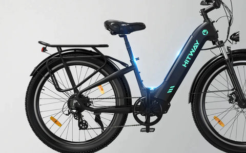 Side view of the HITWAY BK16 e-bike highlighting the sleek design with an integrated battery and LED strip, complete with a comfortable saddle and rear wheel with a mudguard for stylish urban cycling.