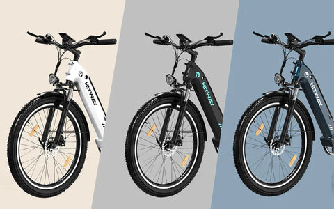 Triptych of HITWAY BK16 electric bikes presented in three color options—white, black, and navy blue—showcasing the variety of choices available for personal style preferences in eco-friendly transportation.