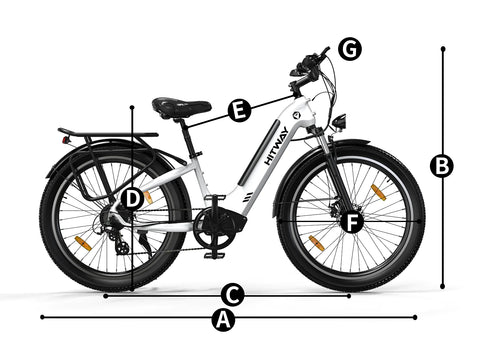 Diagram of the white HITWAY BK16 electric bike with labeled parts A to G, detailing the bike's key features such as the sturdy frame, dynamic suspension, and advanced braking system for an enhanced riding experience.