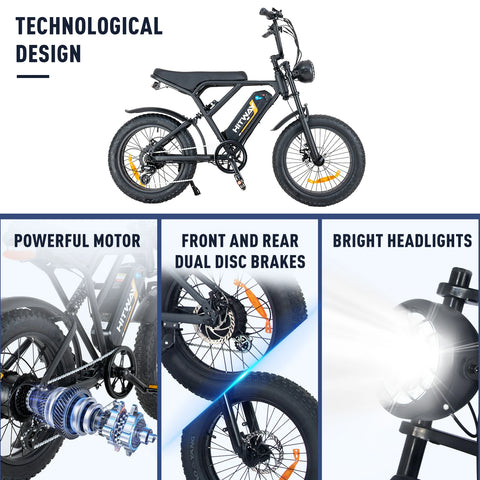 A collage showcasing the technological design of a black electric bike with yellow accents. The top image displays the full bike with a focus on its sleek frame and overall design. Below, three separate close-up shots highlight key features: the first shows the bike's powerful motor and its intricate gearing system, the second features the front and rear wheels with dual disc brakes for efficient stopping power, and the third illustrates the bike's bright headlights for improved visibility during night rides.