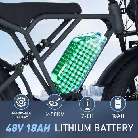 Close-up view of a black electric bike's frame with a focus on the transparent 48V 18AH lithium battery, visually represented by a glowing green array of cells. Key features are highlighted: the battery is removable, provides a range of over 50km per charge, requires 7-8 hours for a full charge, and holds a capacity of 18AH. The backdrop features a blurred urban skyline, suggesting the bike's suitability for city commuting.