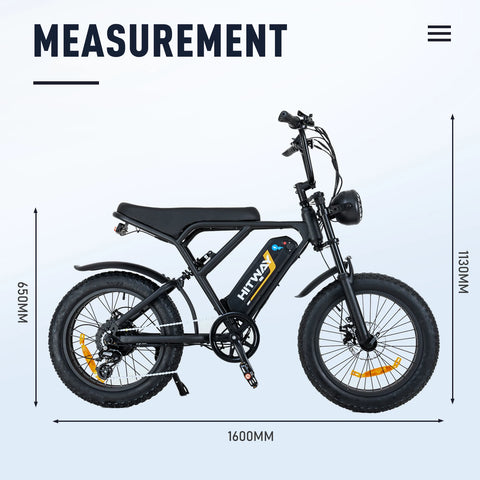 A side profile image of a black HITWAY electric bike against a light background, featuring the dimensions of the bike. The bike's length is indicated as 1600mm, the height of the handlebars is 1130mm, and the height up to the seat is marked at 650mm. The word 'MEASUREMENT' is prominently displayed above the bike, with measurement lines visually aiding the display of the bike's size.