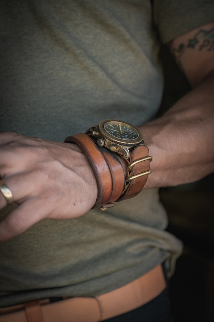 Double wrap leather cuff bronze watch patina chronograph bracelet