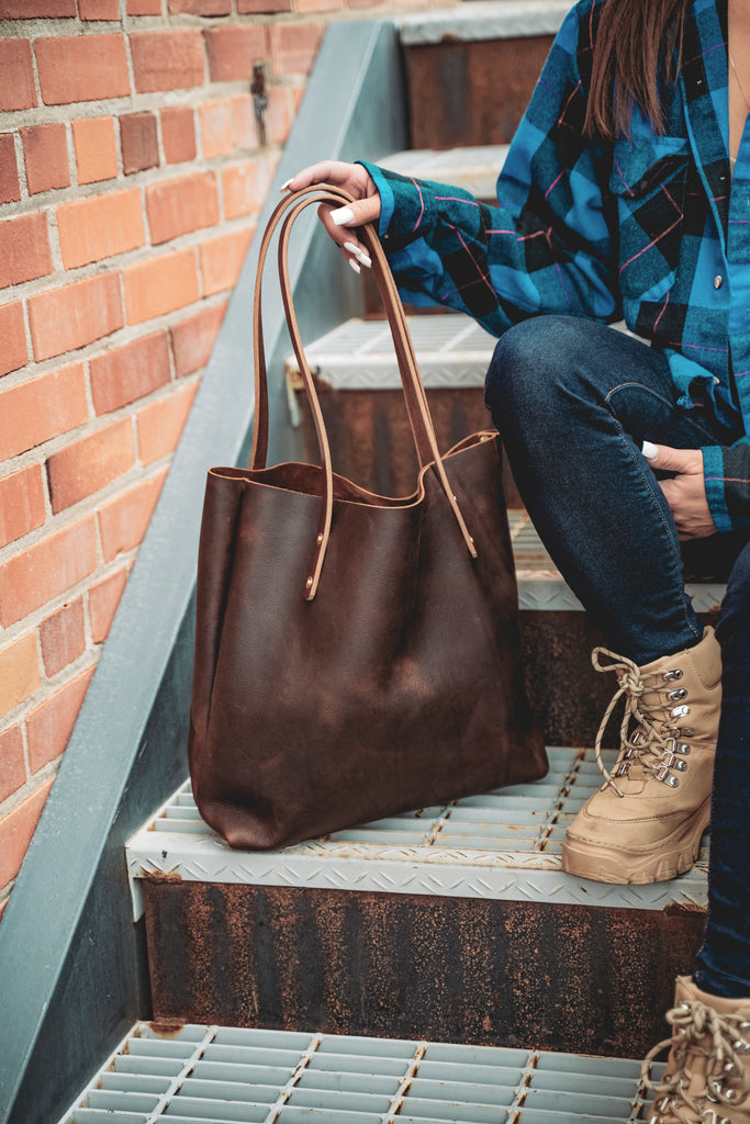 Folkstyle Tote by Craft and Lore handmade rugged thick leather market tote purse