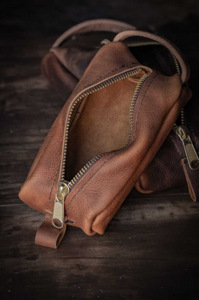 rugged leather dopp kit wet shave bag night travel tool utility handmade usa durable