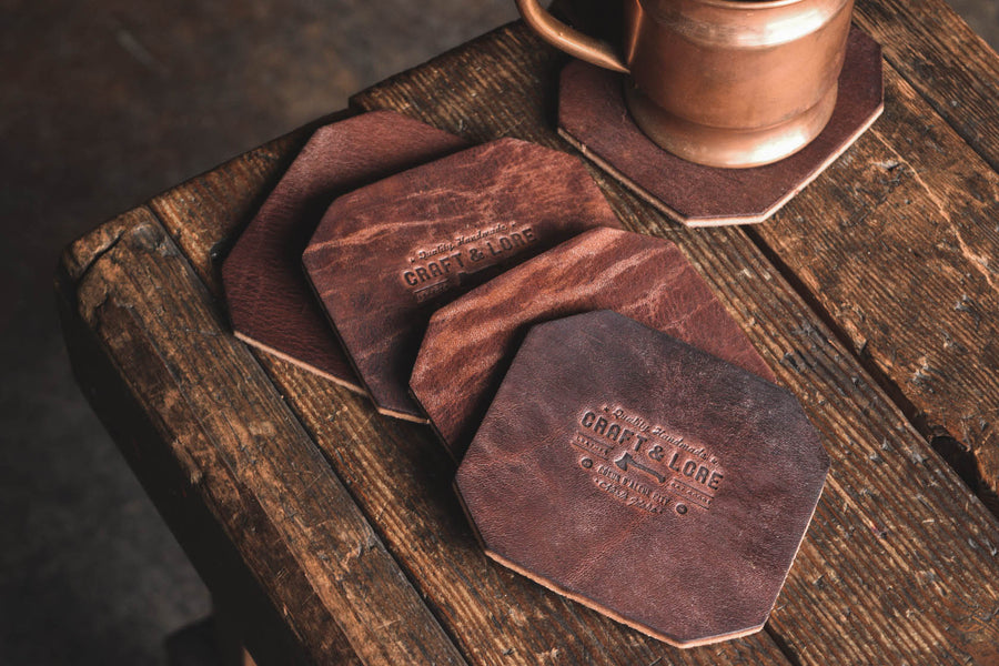 Leather Coaster Set, handmade heavy 