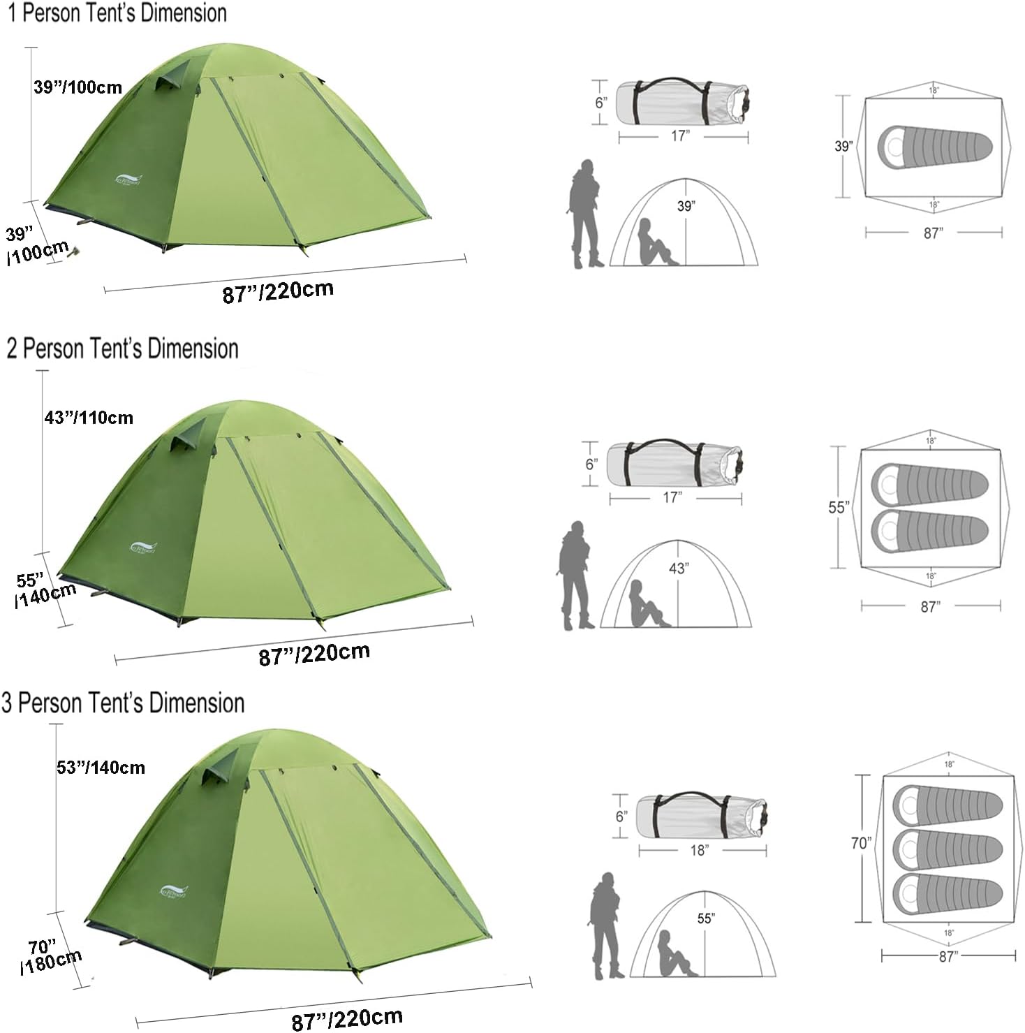 Camping Tents 1/2/3 Person,Outdoor Lightweight Backpacking Tent Waterproof 3 Season