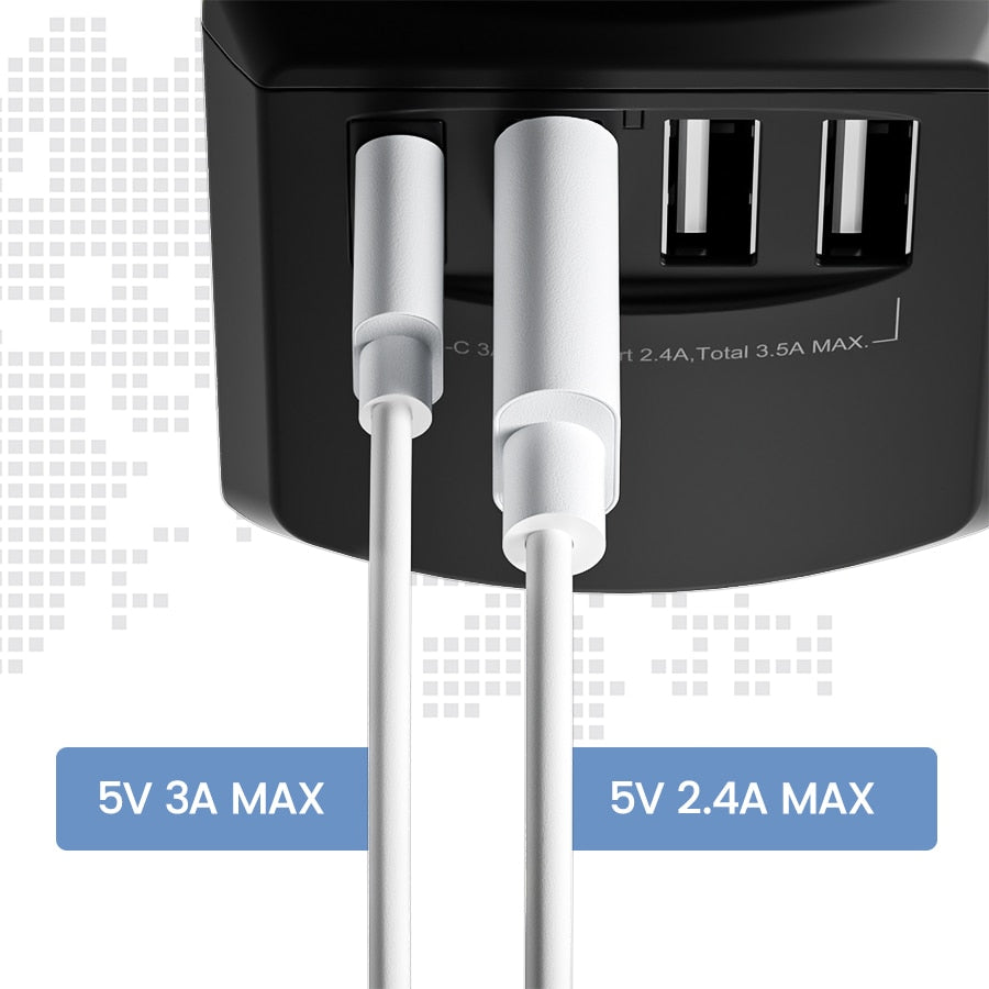 Universal Travel Power Adapter 3 USB Port 1 Type C Adaptor US EU UK AU