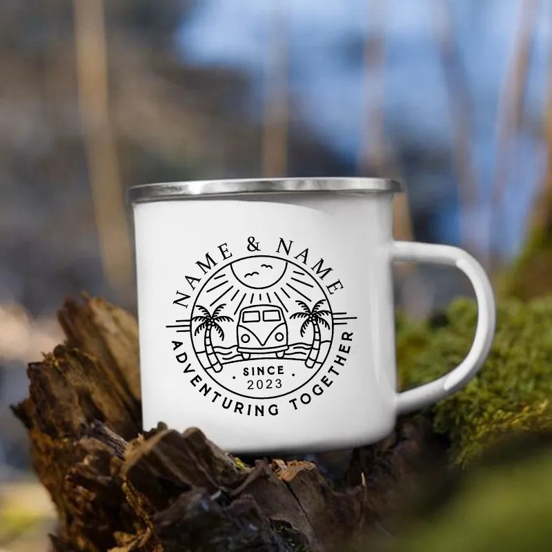 Personalized Camping Coffee Mug 12oz. Metal Enamel Custom Name
