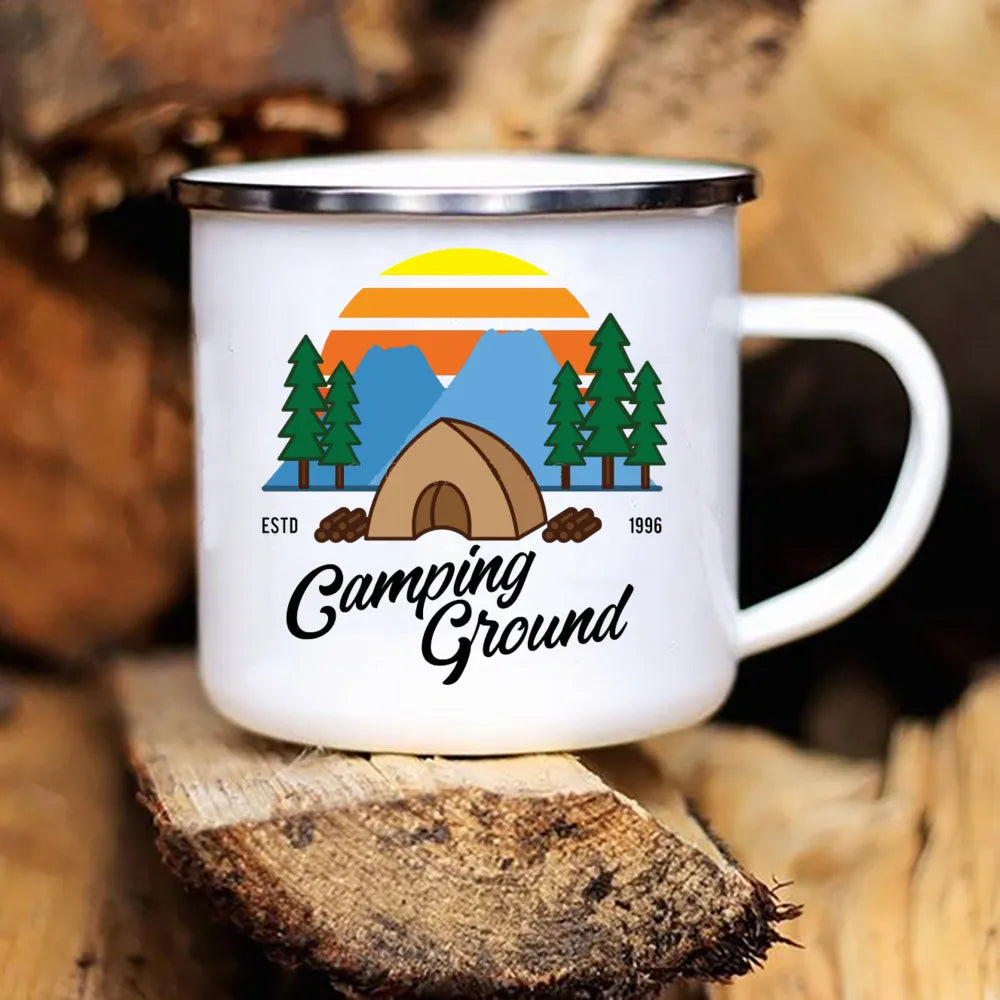 Camping Coffee Mug 12oz. Metal Enamel Caravan Printed Camper