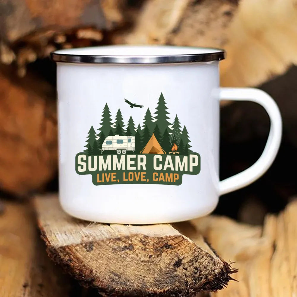 Camping Coffee Mug 12oz. Metal Enamel Caravan Printed Camper