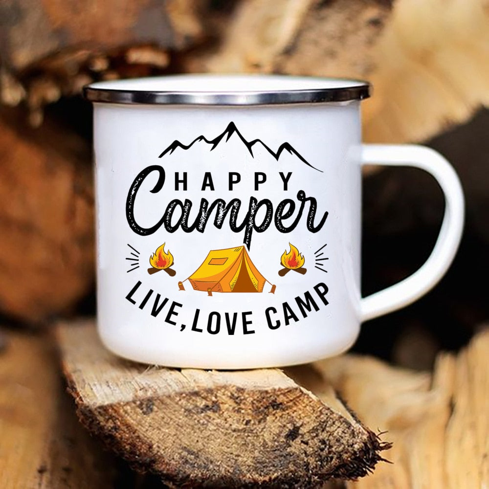 Camping Coffee Mug 12oz. Metal Enamel Caravan Printed Camper
