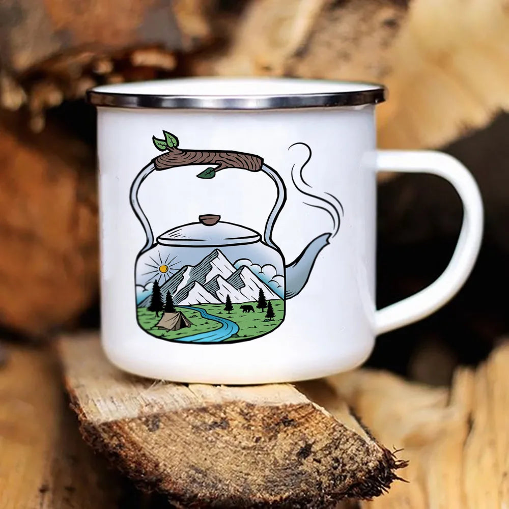 Camping Coffee Mug 12oz. Metal Enamel Caravan Printed Camper