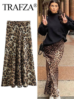 TRAFZA 2024 Women Fashion Leopard Print Skirt Vintage High Waist Midi Skirts Elegant Women Summer Casual Streetwear Skirt - Couture Cozy
