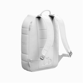 Image creation-A white backpack with adjustable straps on the back viewed from the back and side.