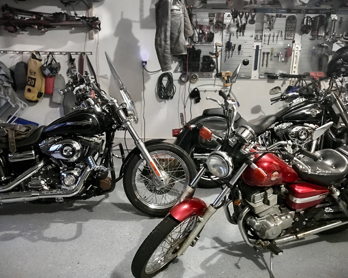 Lynda Meyers garage full of motorcycles