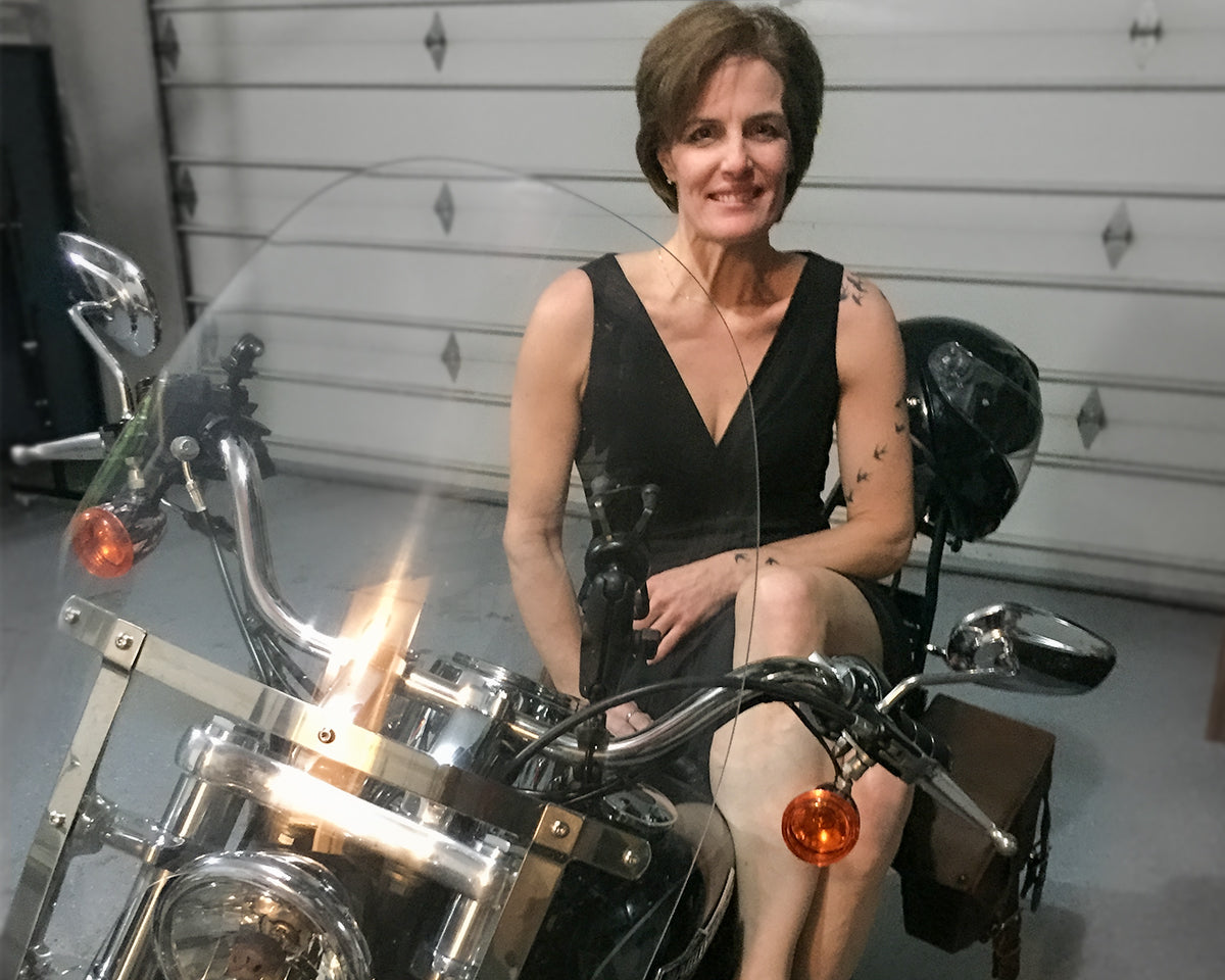 Lynda Meyers and her Harley Super Glide custom