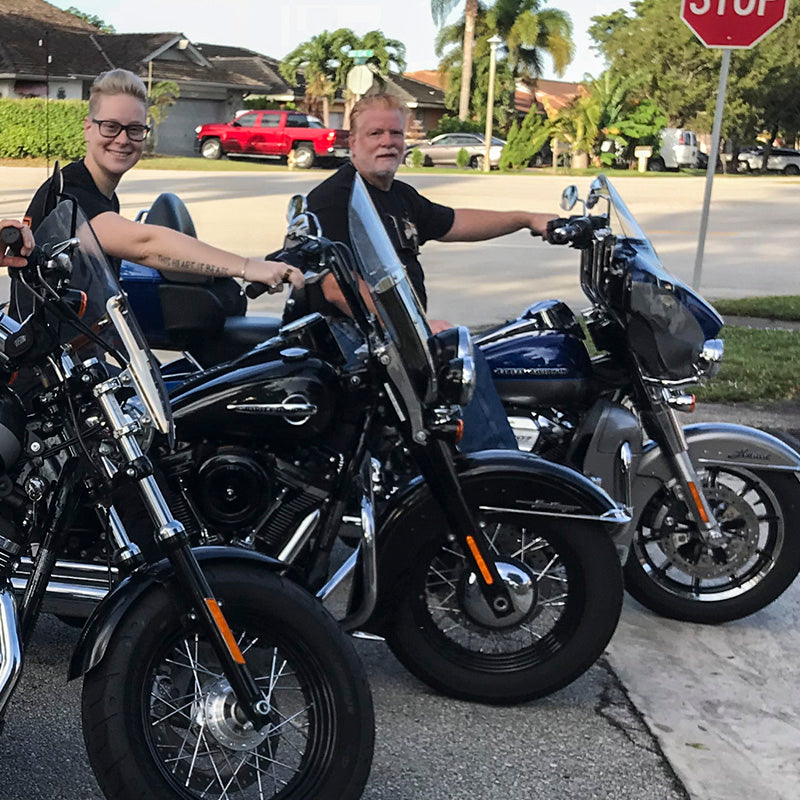 Nadine Purificato and her father on his harley davidson