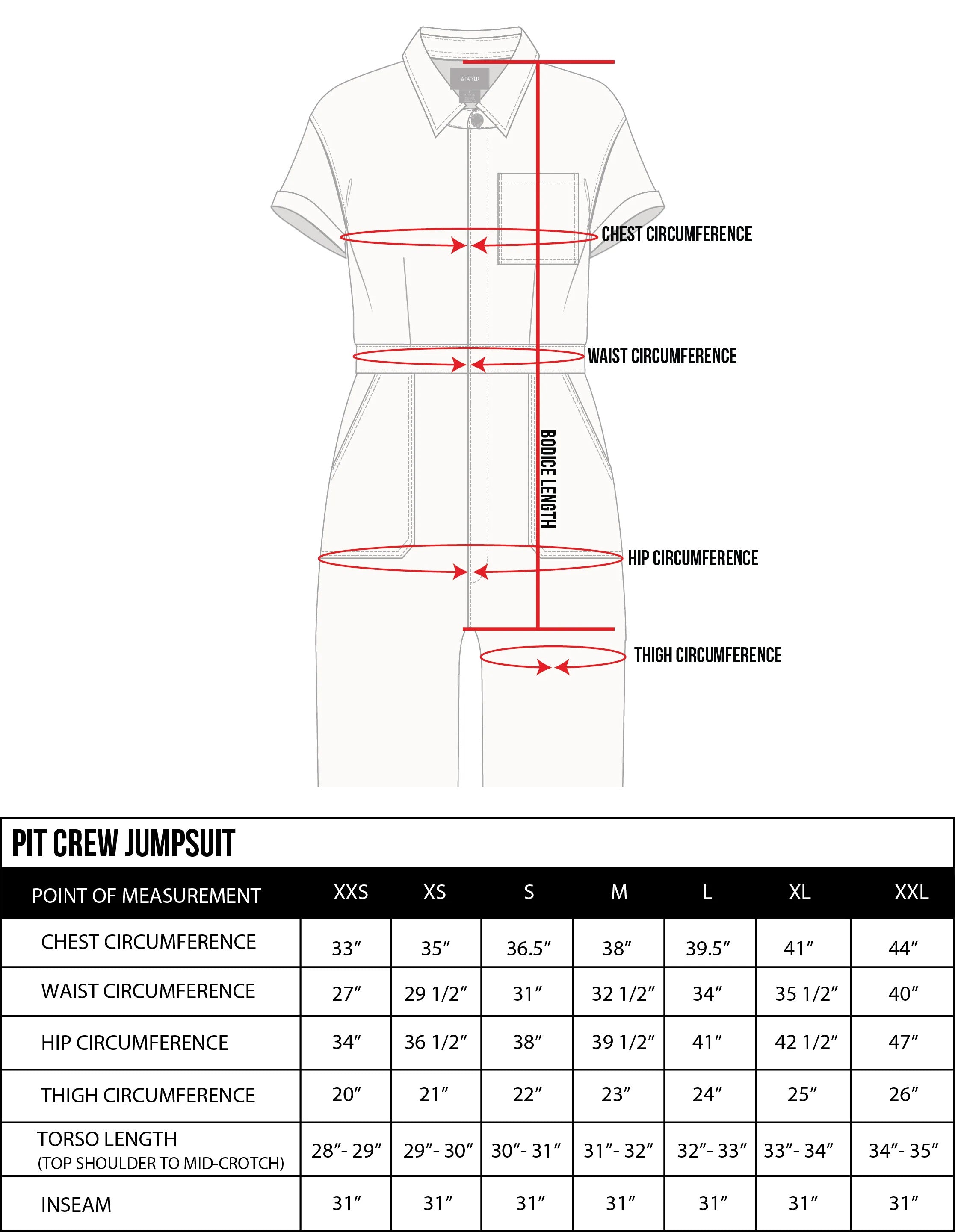 atwyld pit crew jumpsuit size guide