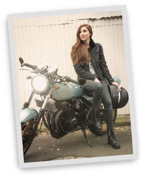 Hannah founder and owner of Black Arrow Label, womens motorcycle gear
