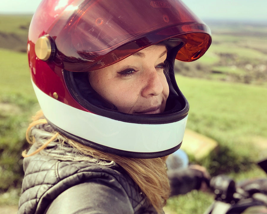 Sophie Morgan wearing the Hedon Heroine Racer helmet from Moto Est.