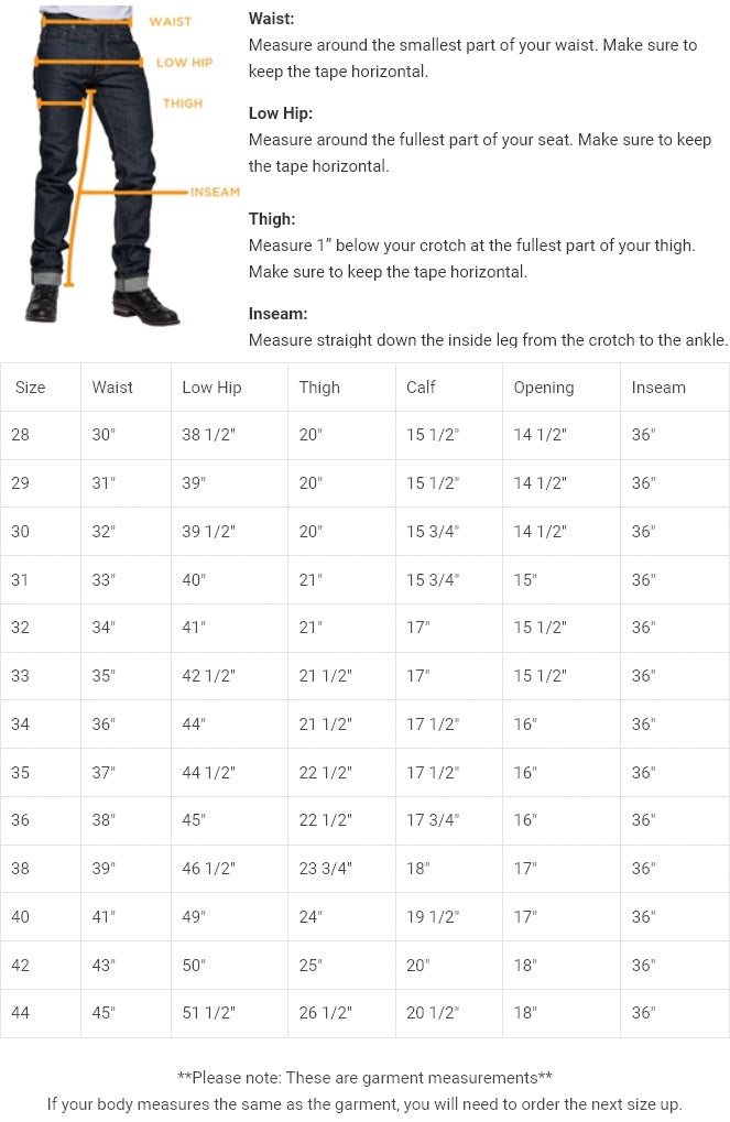 Tobacco Motorwear Archetype Jeans Size Guide