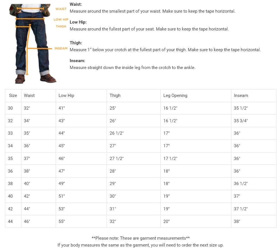 Tobacco Motorwear Caballo Jeans Size Guide