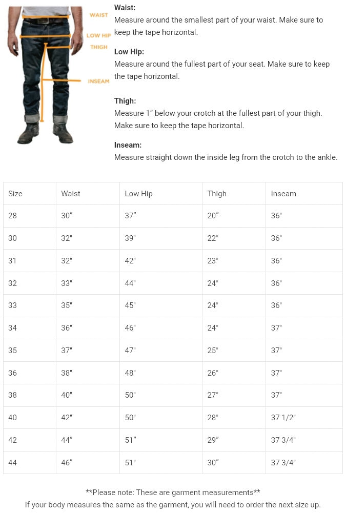 Tobacco Motorwear Ironsides Jeans Size Guide