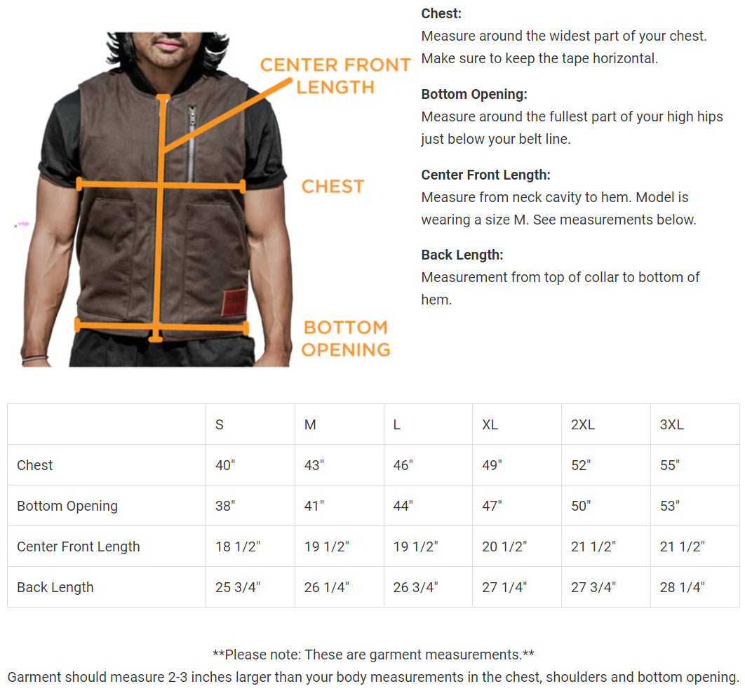 Tobacco Motorwear Wasteland Vest Size Guide