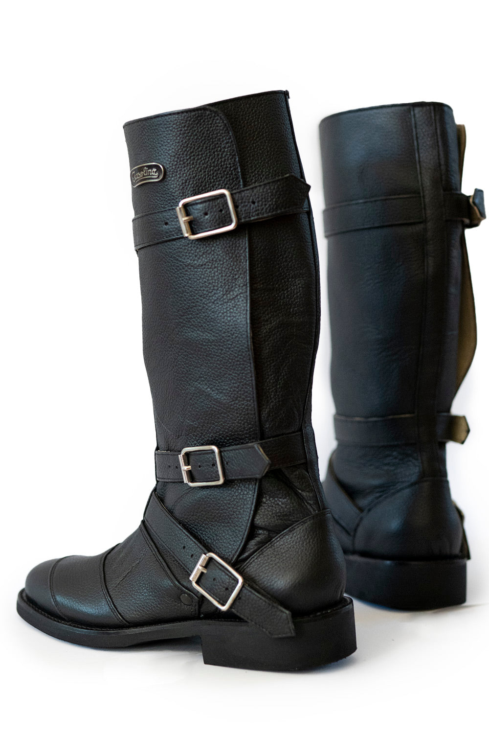 black leather knee high biker boots