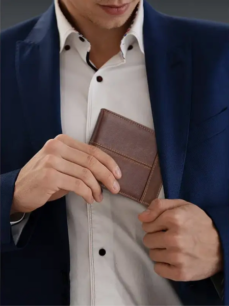 Homme en costume rangeant un portefeuille marron