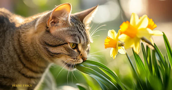 A tabby cat nibbling on a daffodil leaf in a garden