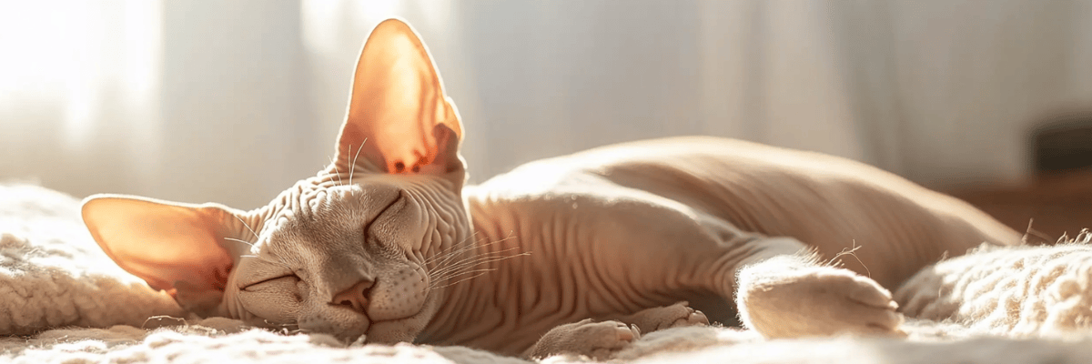 Hairless Sphynx cat lounging on a soft blanket in sunlight, showcasing its smooth skin and relaxed demeanor.