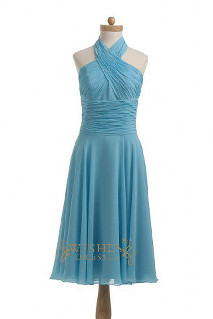 Halter Blue Chiffon Knee Length Bridesmaid Dresses AM282