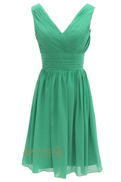 Green Knee Length Chiffon Bridesmaid Dress With V Neckline Style Am001